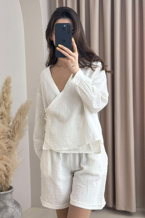 LINEN ONE COLOR SWEATSHIRT+SHORTS WOMEN SET WHITE-E BARDHE - KLAUDIO FASHION