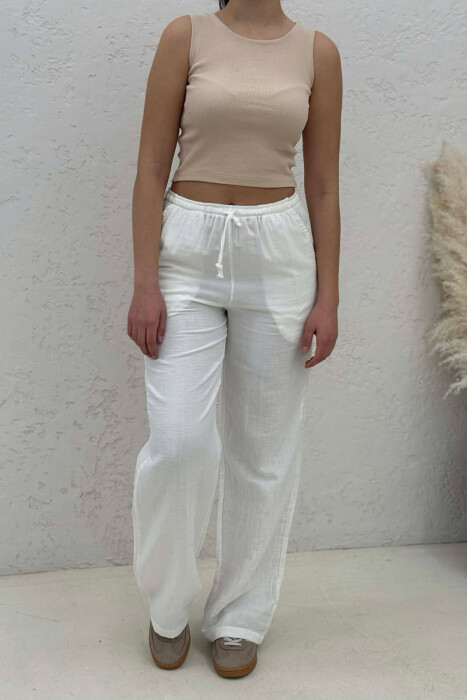 LINEN ONE COLOR WOMAN TROUSERS CREAM/KREM - 