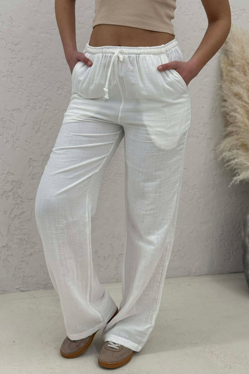 LINEN ONE COLOR WOMAN TROUSERS CREAM/KREM - 3