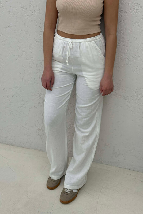 LINEN ONE COLOR WOMAN TROUSERS CREAM/KREM - 4