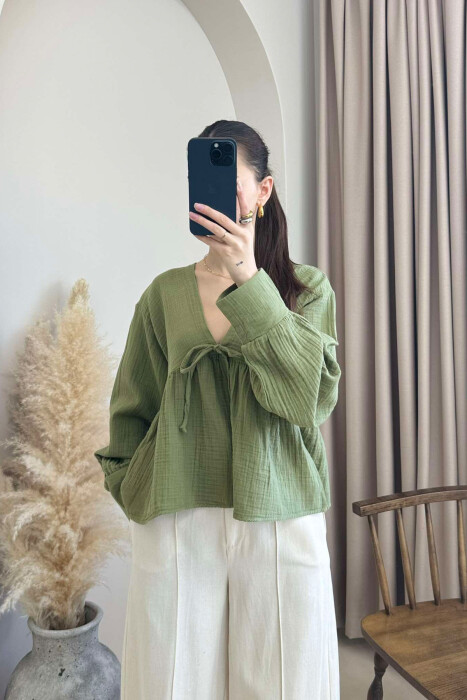 LINEN V NECK ONE COLOR WOMEN SHIRT GREEN/JESHILE 