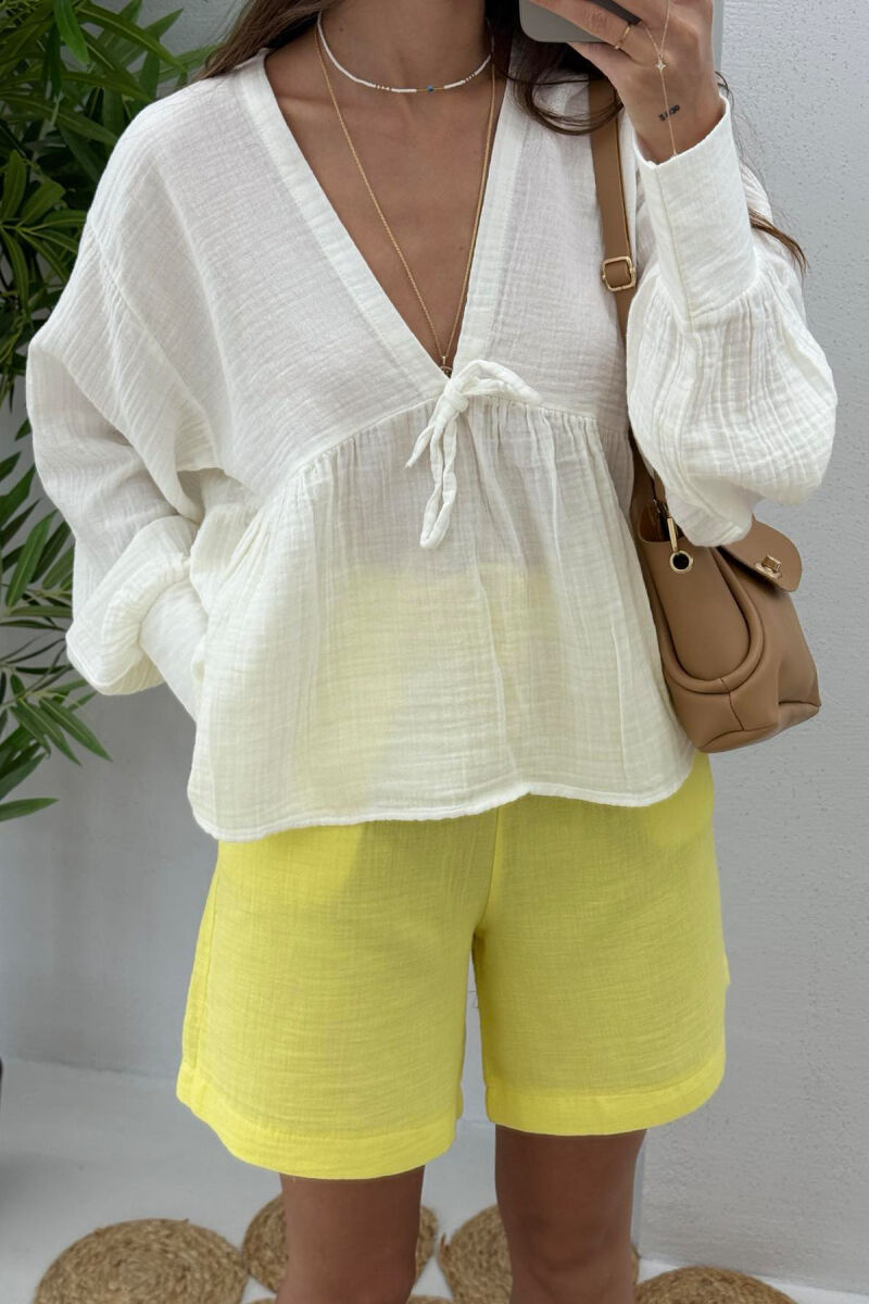 LINEN V NECK ONE COLOR WOMEN SHIRT WHITE-E BARDHE - 4