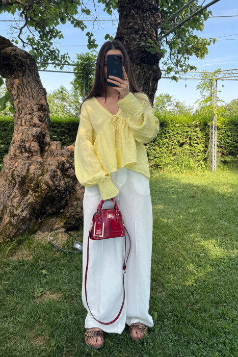 LINEN V NECK ONE COLOR WOMEN SHIRT YELLOW/E VERDHE 