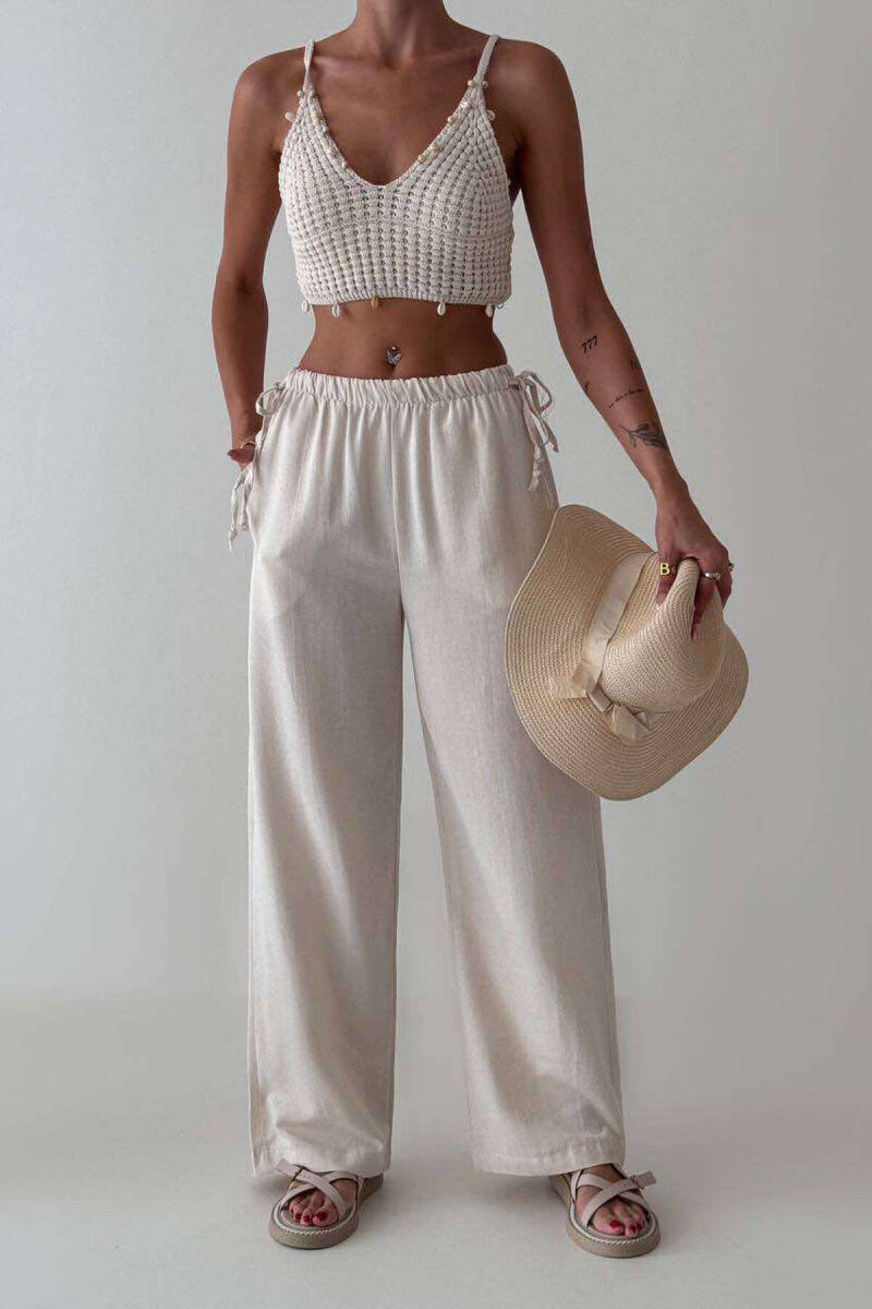 LINEN WIDE LEG LACING WOMAN TROUSERS CREAM/KREM - 1