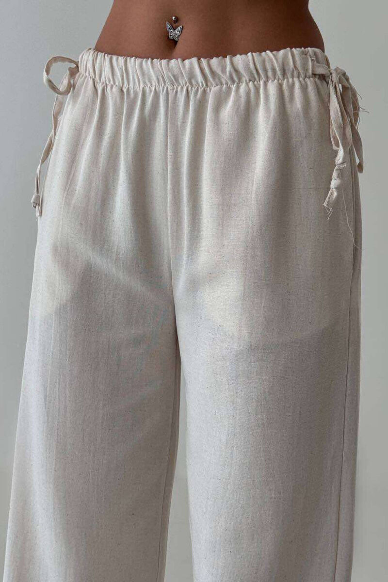 LINEN WIDE LEG LACING WOMAN TROUSERS CREAM/KREM - 2