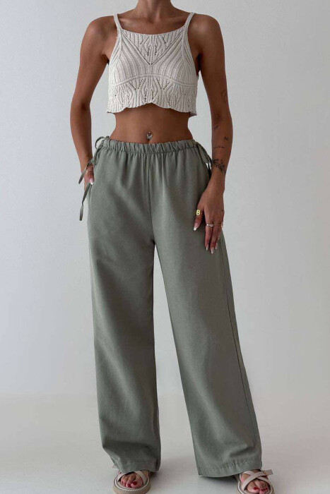 LINEN WIDE LEG LACING WOMAN TROUSERS GREEN/JESHILE - 1