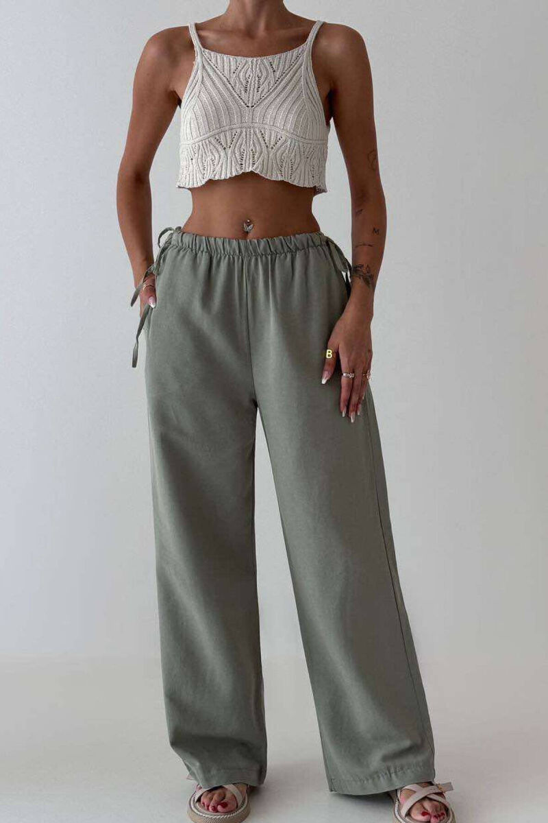 LINEN WIDE LEG LACING WOMAN TROUSERS GREEN/JESHILE - 1