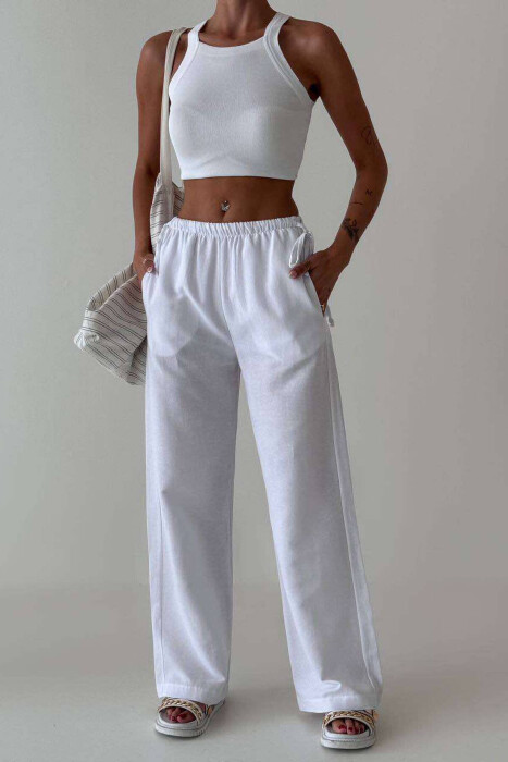 LINEN WIDE LEG LACING WOMAN TROUSERS WHITE-E BARDHE 