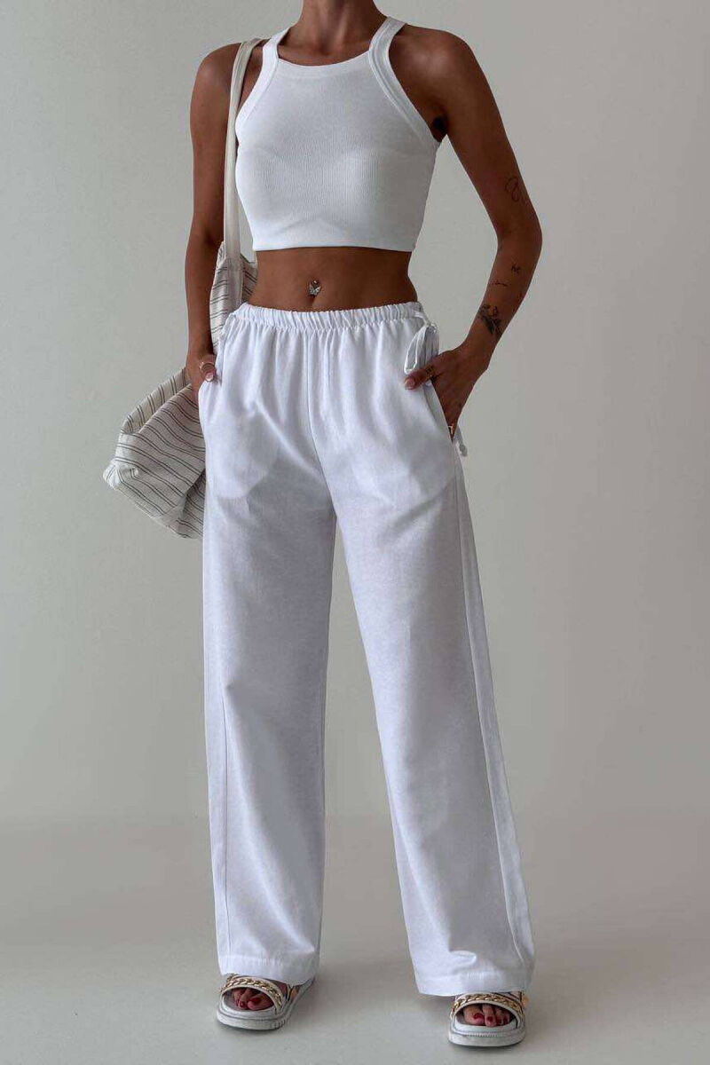 LINEN WIDE LEG LACING WOMAN TROUSERS WHITE-E BARDHE - 1