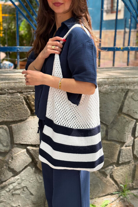 LINES DESIGN CROCHET BEACH WOMEN BAG CREAM/KREM - KLAUDIO FASHION