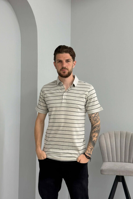 LINES DESIGN POLO NECK MEN T-SHIRT LIGHT GREY/GZ - KLAUDIO FASHION