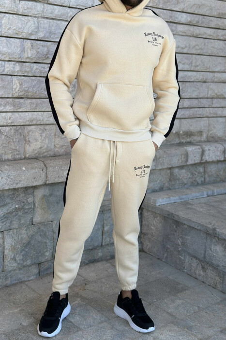 LITTLE WRITTINGS HOODIE+JOGGERS FLUFFY MEN SET CREAM/KREM - KLAUDIO FASHION