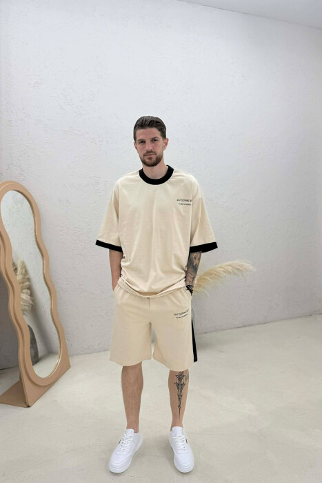 SET T-SHIRT ME SHKRIME + TUTA TE SHKURTRA PER MESHKUJ NE NGJYRE BEZHE - KLAUDIO FASHION