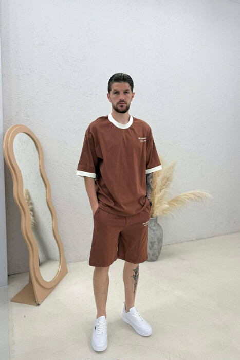 LITTLE WRITTINGS T-SHIRT + SHORTS MEN SET BROWN/KAFE - KLAUDIO FASHION