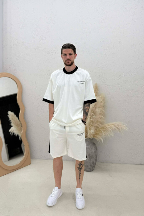 LITTLE WRITTINGS T-SHIRT + SHORTS MEN SET CREAM/KREM - KLAUDIO FASHION