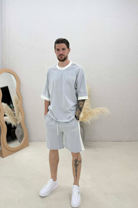 SET T-SHIRT ME SHKRIME + TUTA TE SHKURTRA PER MESHKUJ NE NGJYRE GRI TE ZBARDHUR - KLAUDIO FASHION