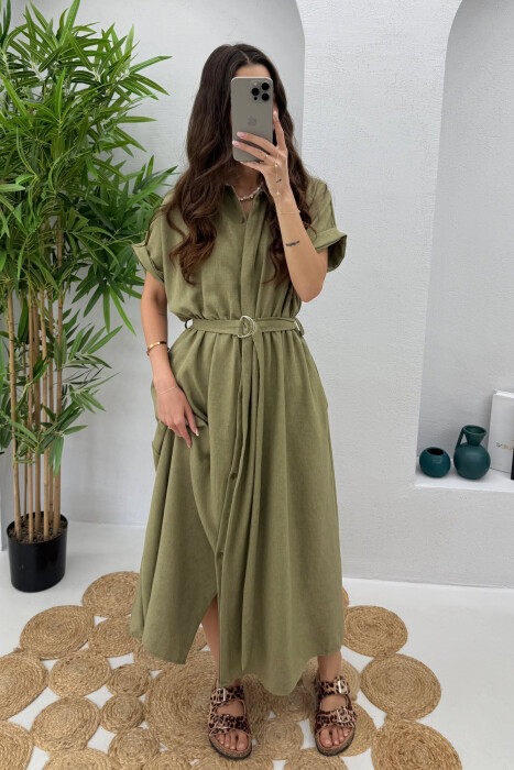 LONG BUTTON ONE COLOR WOMEN DRESS OLIVE/ULLI - 3