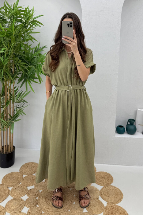 LONG BUTTON ONE COLOR WOMEN DRESS OLIVE/ULLI - 1