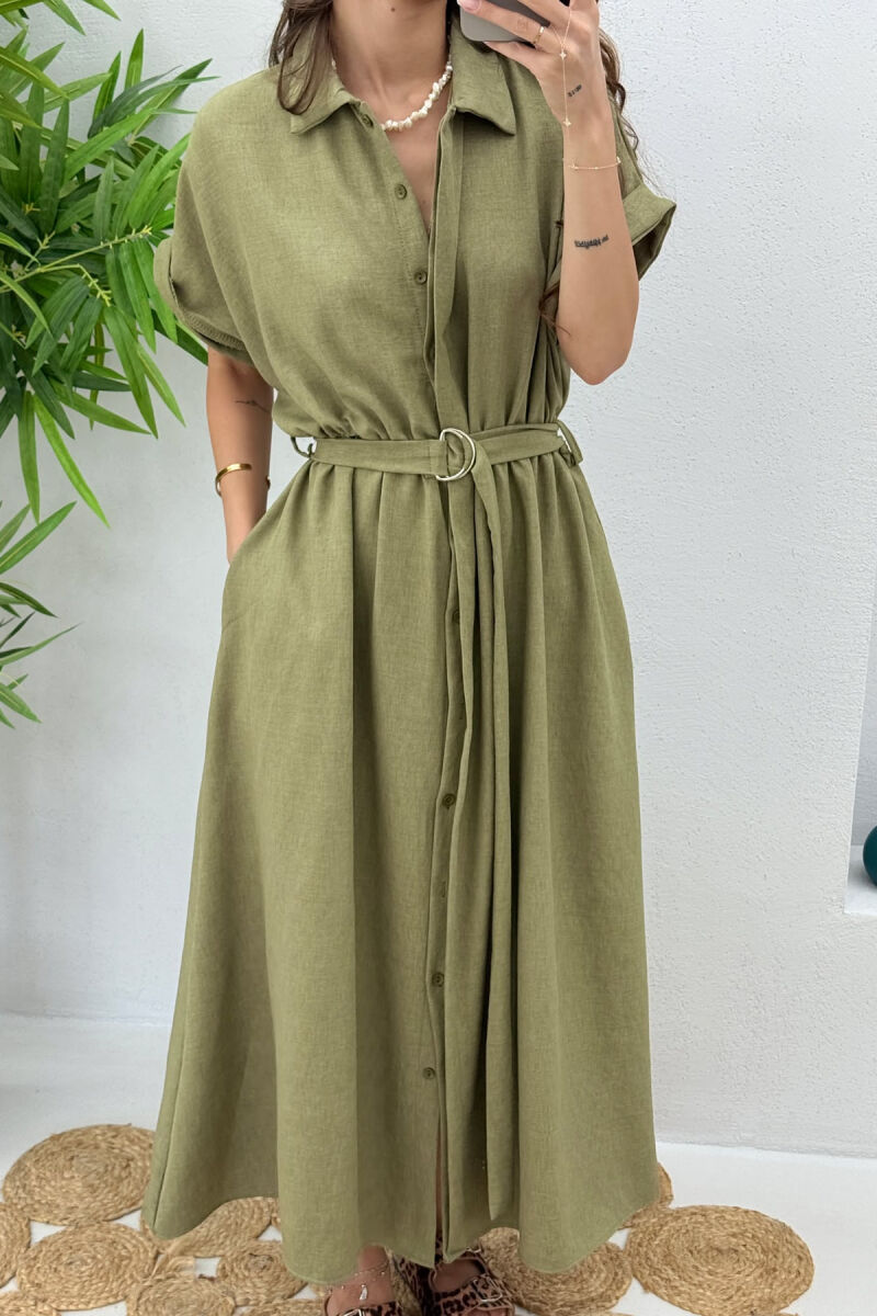 LONG BUTTON ONE COLOR WOMEN DRESS OLIVE/ULLI - 4