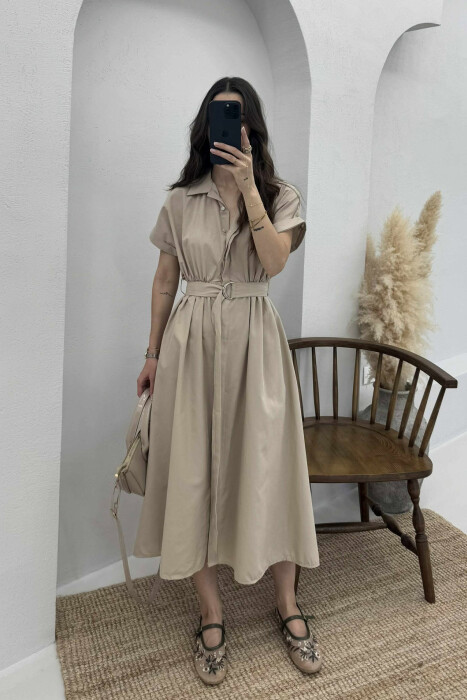 LONG BUTTON SIMPLE WOMEN DRESS BEIGE/BEZHE 