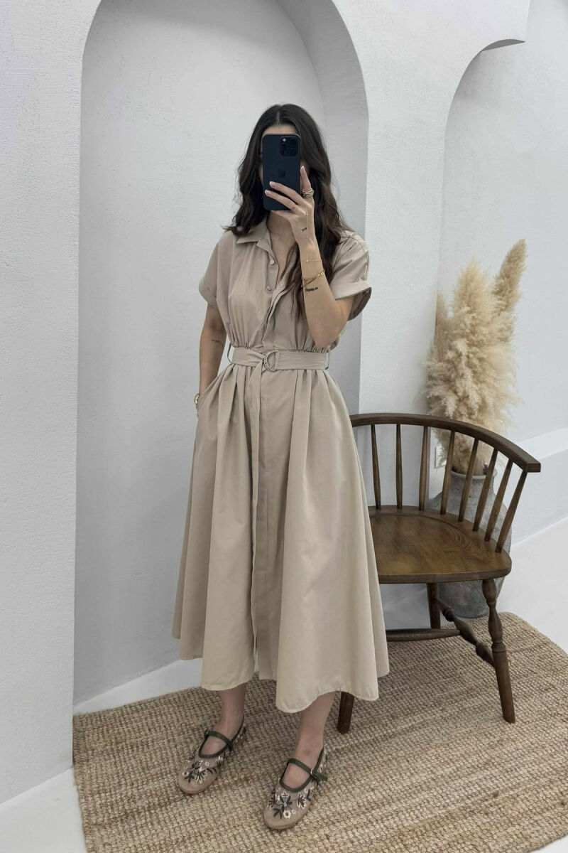 LONG BUTTON SIMPLE WOMEN DRESS BEIGE/BEZHE - 2