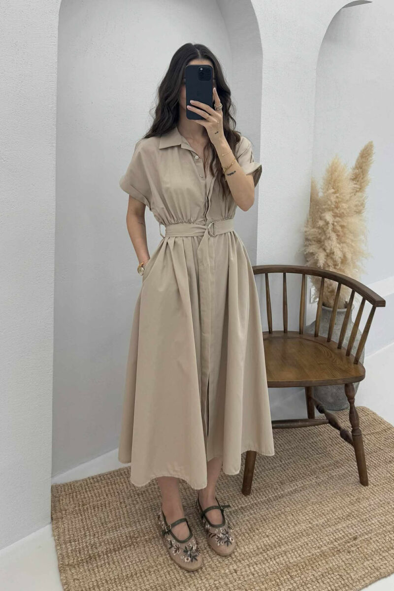 LONG BUTTON SIMPLE WOMEN DRESS BEIGE/BEZHE - 5