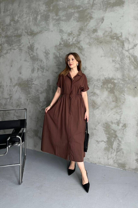 LONG BUTTON SIMPLE WOMEN DRESS BROWN/KAFE 