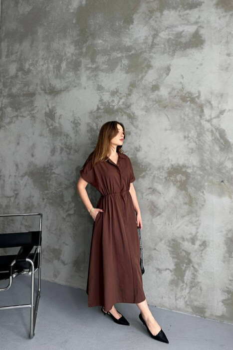 LONG BUTTON SIMPLE WOMEN DRESS BROWN/KAFE - 4