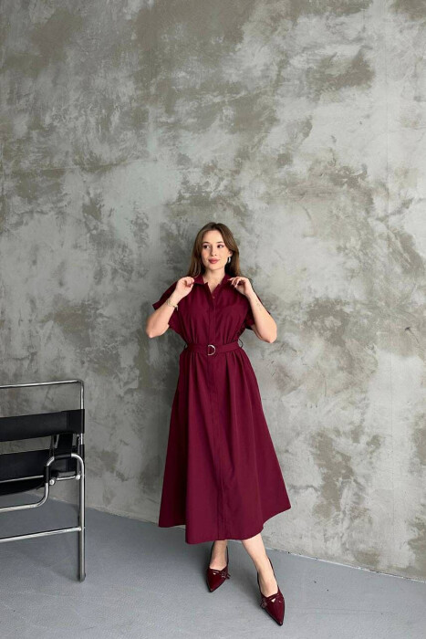 LONG BUTTON SIMPLE WOMEN DRESS BURGUNDY/VISHNJE - 2