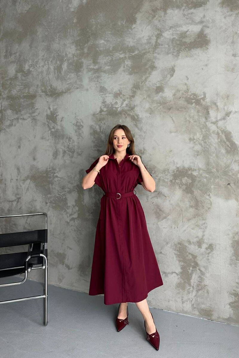 LONG BUTTON SIMPLE WOMEN DRESS BURGUNDY/VISHNJE - 2