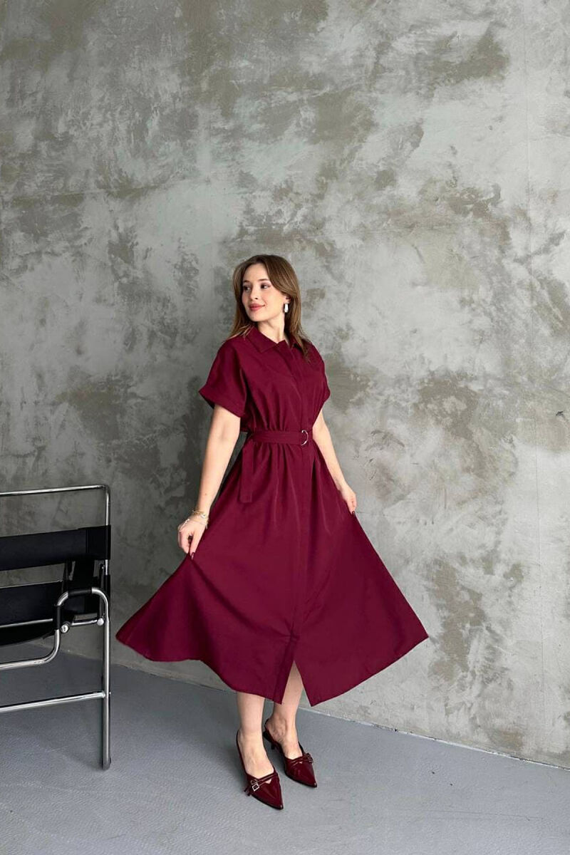 LONG BUTTON SIMPLE WOMEN DRESS BURGUNDY/VISHNJE - 4