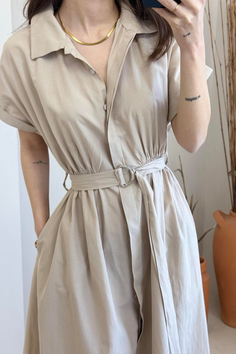 LONG BUTTON SIMPLE WOMEN DRESS CREAM/KREM - 2