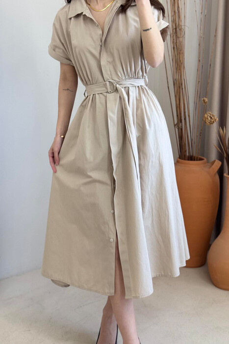 LONG BUTTON SIMPLE WOMEN DRESS CREAM/KREM - 3