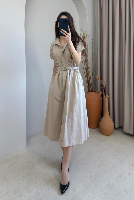 LONG BUTTON SIMPLE WOMEN DRESS CREAM/KREM - 1