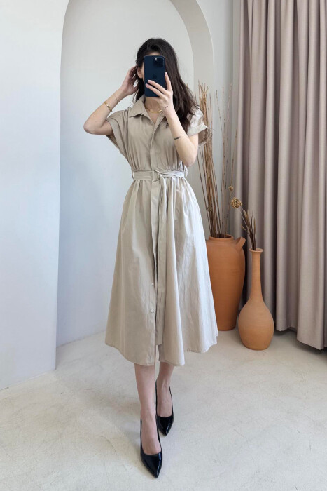 LONG BUTTON SIMPLE WOMEN DRESS CREAM/KREM - 4