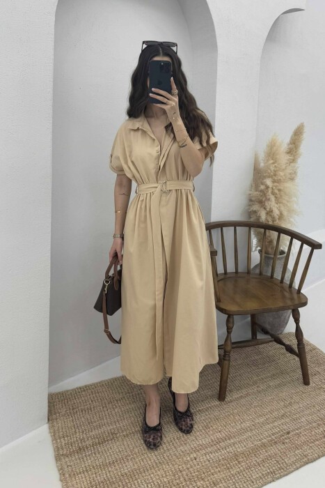 LONG BUTTON SIMPLE WOMEN DRESS DARK BEIGE/BEZHE ERRET 