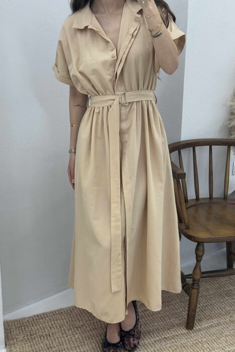 LONG BUTTON SIMPLE WOMEN DRESS DARK BEIGE/BEZHE ERRET - 2