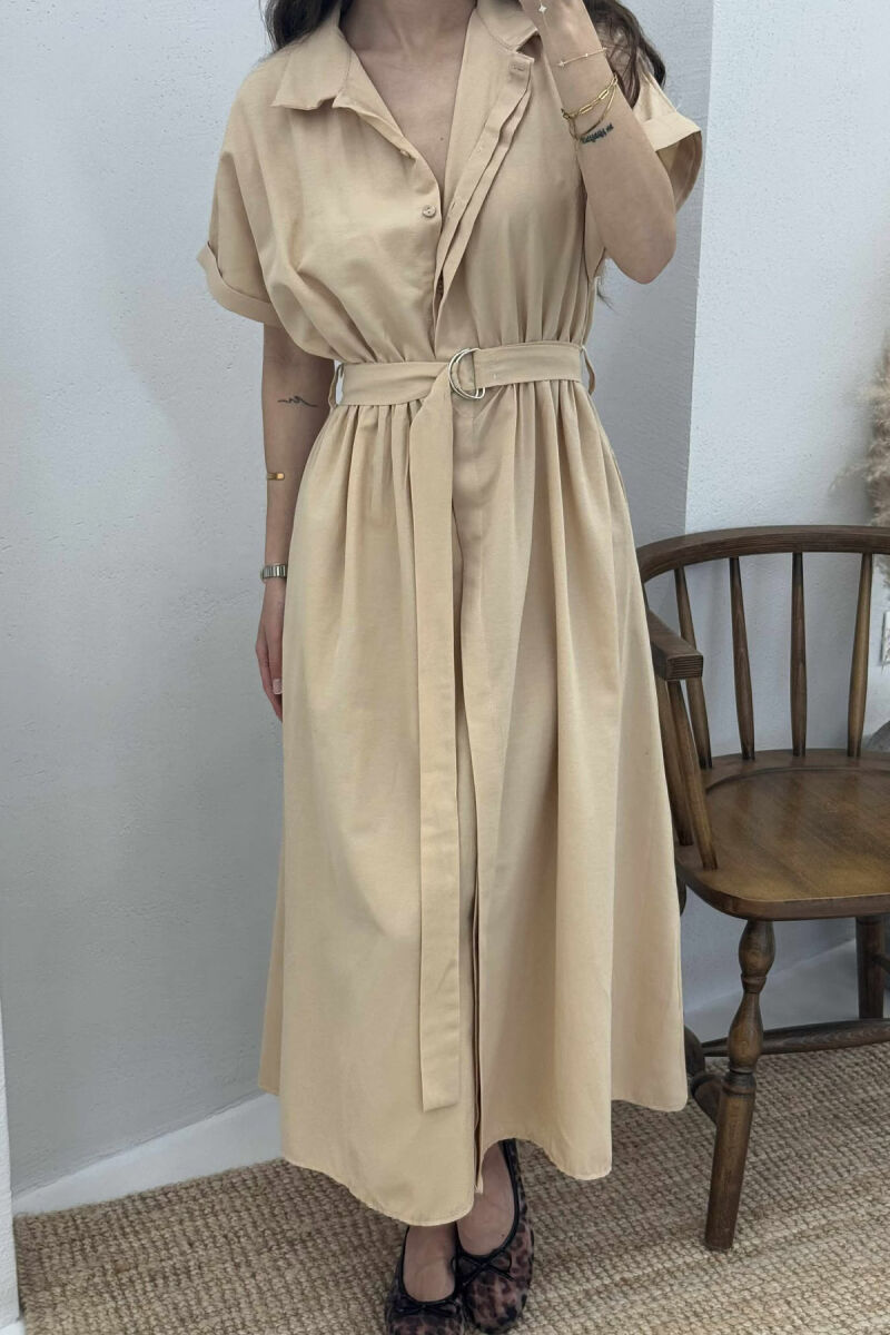LONG BUTTON SIMPLE WOMEN DRESS DARK BEIGE/BEZHE ERRET - 2