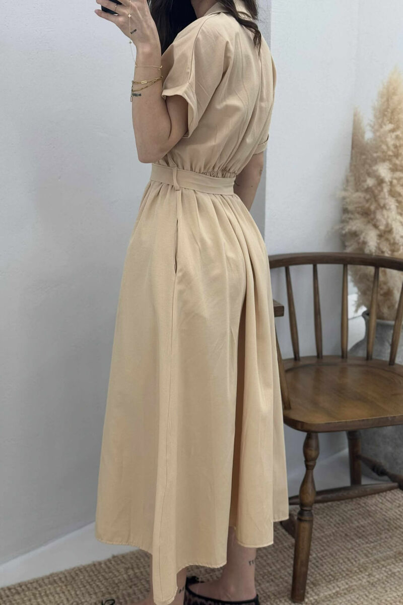 LONG BUTTON SIMPLE WOMEN DRESS DARK BEIGE/BEZHE ERRET - 3