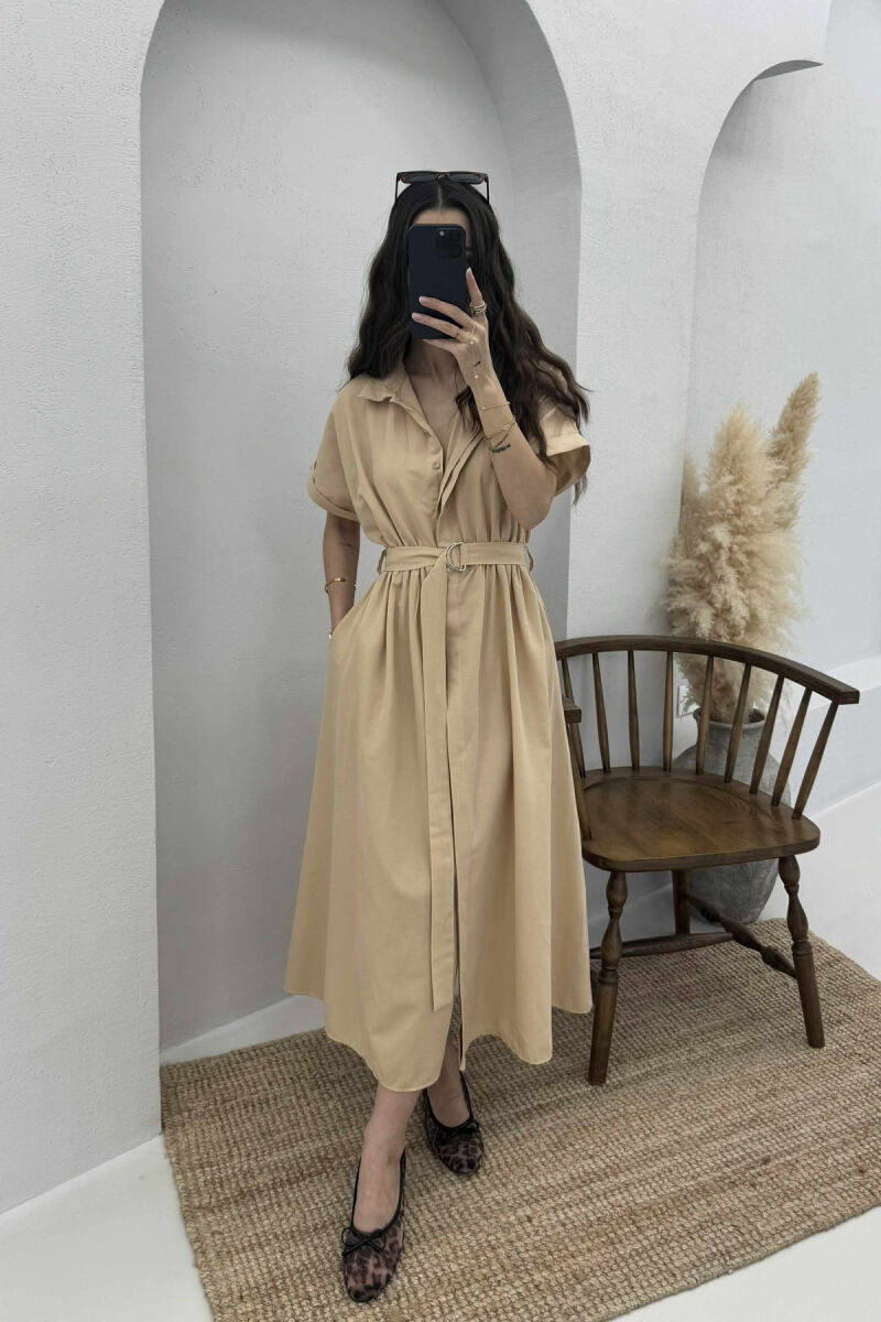 LONG BUTTON SIMPLE WOMEN DRESS DARK BEIGE/BEZHE ERRET - 4