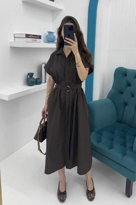 LONG BUTTON SIMPLE WOMEN DRESS DARK BROWN/KAE 