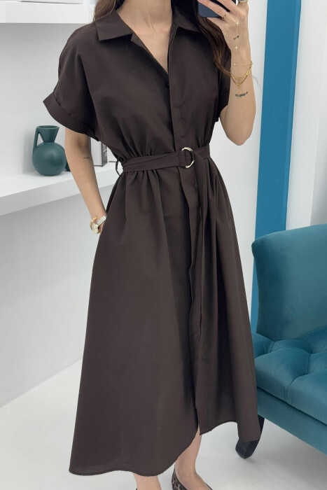 LONG BUTTON SIMPLE WOMEN DRESS DARK BROWN/KAE - 2