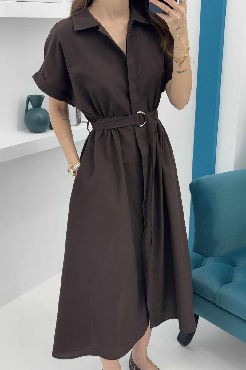 LONG BUTTON SIMPLE WOMEN DRESS DARK BROWN/KAE - 2