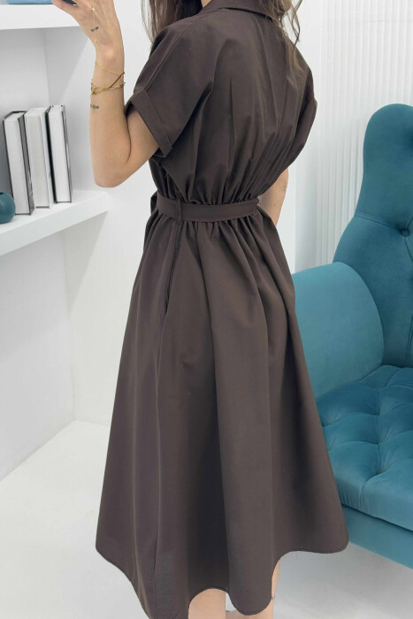 LONG BUTTON SIMPLE WOMEN DRESS DARK BROWN/KAE - 3