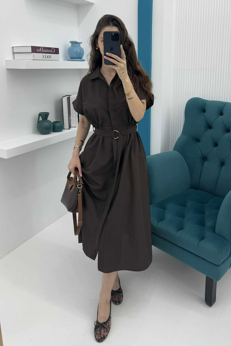 LONG BUTTON SIMPLE WOMEN DRESS DARK BROWN/KAE - 4