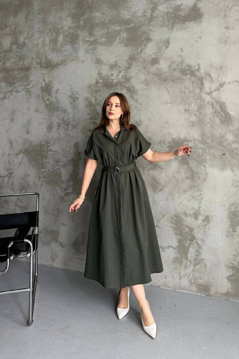 LONG BUTTON SIMPLE WOMEN DRESS DARK GREEN/JEE - 1