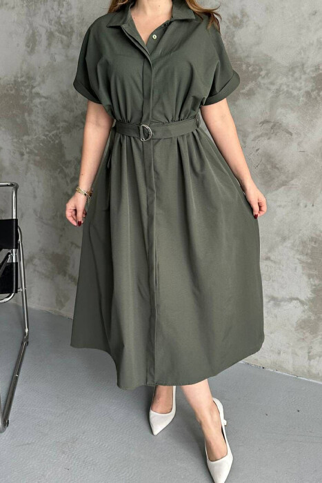LONG BUTTON SIMPLE WOMEN DRESS DARK GREEN/JEE - 2