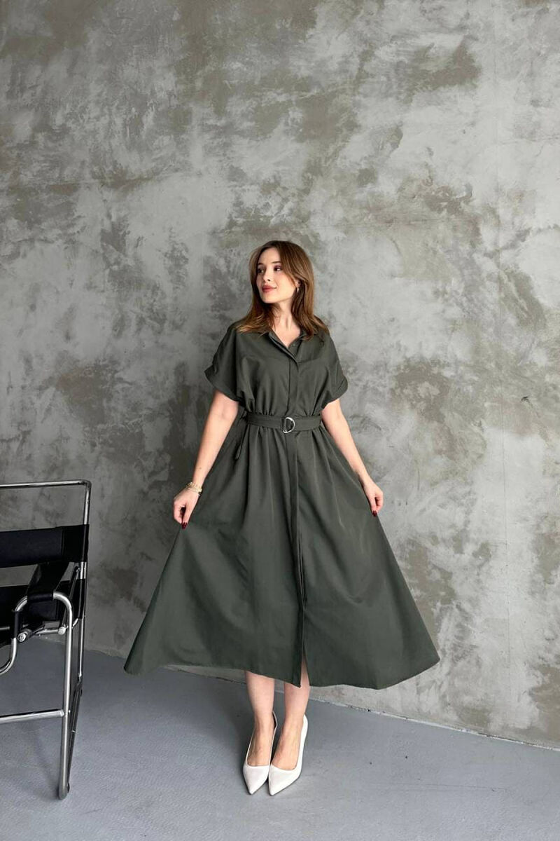 LONG BUTTON SIMPLE WOMEN DRESS DARK GREEN/JEE - 3