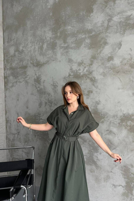 LONG BUTTON SIMPLE WOMEN DRESS DARK GREEN/JEE - 4