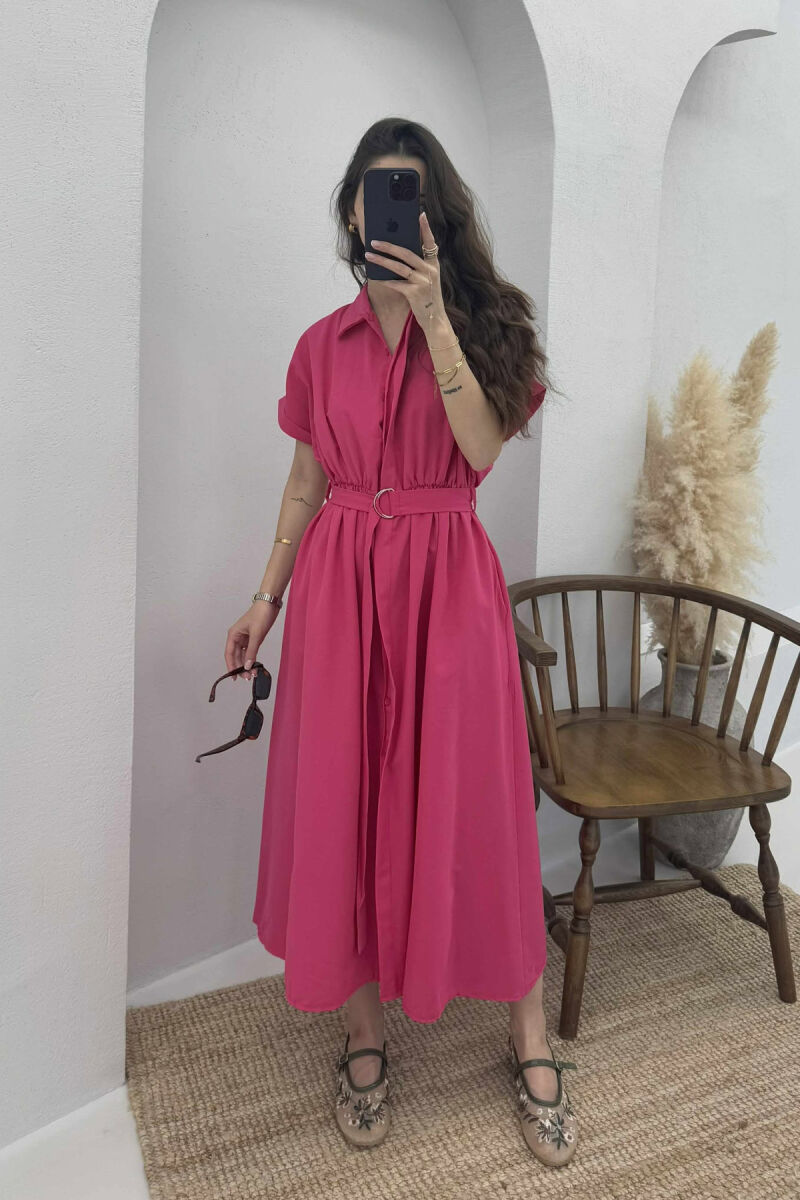 LONG BUTTON SIMPLE WOMEN DRESS DARK PINK /ROZE ERRET - 1